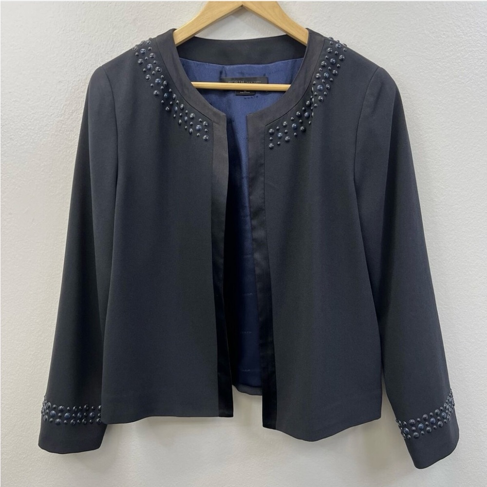 Worth New York Dark Navy Satin Back Crepe Beaded Isabella Jacket Size 10 NWT